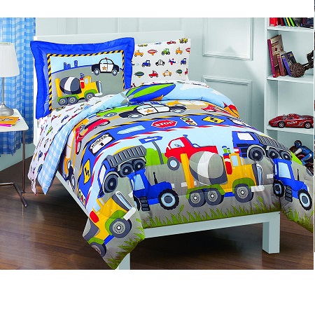 Dream Factory Trucks Tractors Cars Boys 5-Piece Comforter Sheet Set, Blue Red, Twin, only $33.14, free shipping