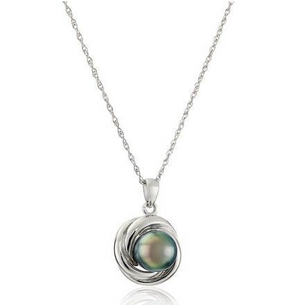 Sterling Silve Tahitian Cultured Black Pearl Love Knot Pendant Necklace  $33.59