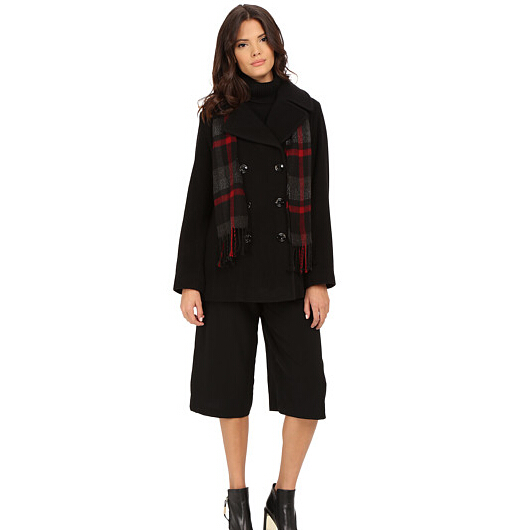 London Fog 伦敦雾 女士羊毛混纺呢子大衣带围巾 黑色 L121082F74 特价$35.73