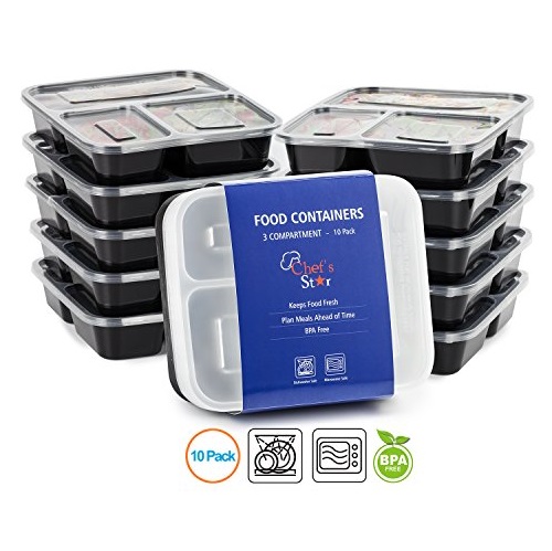 Chef's Star 3 Compartment Reusable Food Storage Containers with Lids - Microwave Safe - Dishwasher Safe - Bento Lunch Box - Stackable - 10 Pack, only $9.00 after using coupon code
