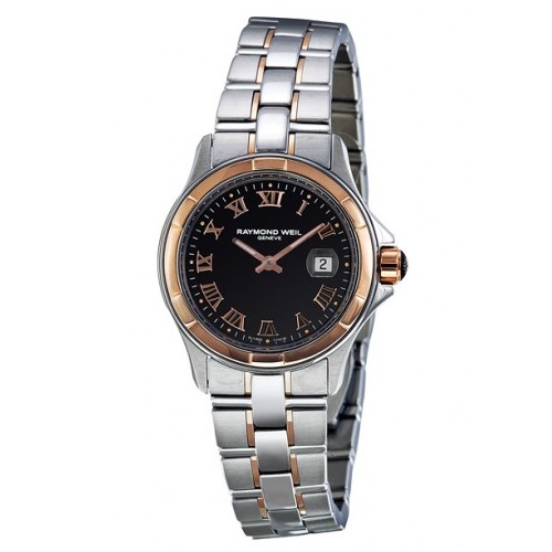 RAYMOND WEIL Parsifal Black Dial Stainless Steel and 18kt Rose Gold Ladies Watch Item No. 9460-SG5-00208, only $589.00, free shipping after using coupon code