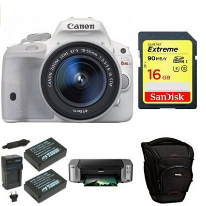 Canon EOS Rebel SL1 Digital SLR with 18-55mm STM Lens (White) + PIMXA Pro 100 Printer, Photo Paper, Memory Card, Bag and Battery $449.
