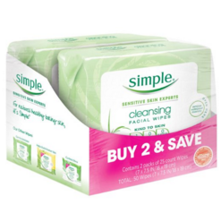 Simple 卸妝潔面濕紙巾，25個/包，兩包裝 ,點擊coupon后價格為$5.19, 免運費