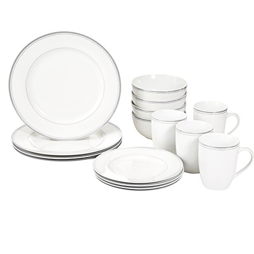 AmazonBasics 16-Piece Cafe Stripe Dinnerware Set, Service for 4 - Grey, only  $22.28