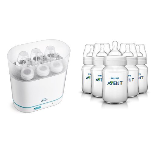 Philips AVENT Classic Plus BPA Free Polypropylene Bottles, 9 Ounce (Pack of 5) and 3-in-1 Sterilizer, Only $55.99, You Save $46.99(46%)