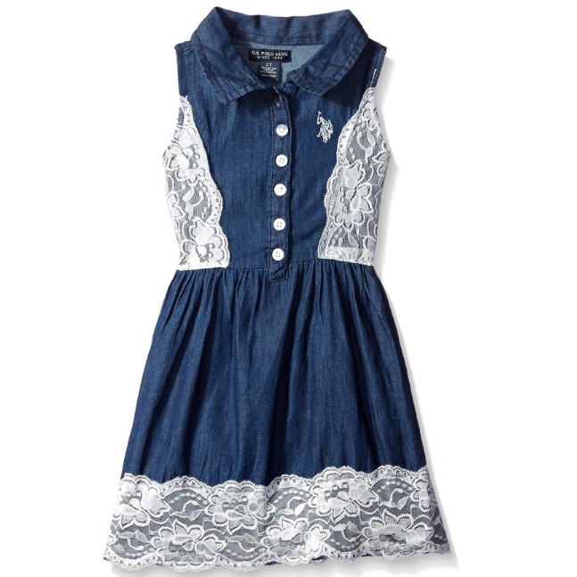 U.S. Polo Assn. 小女孩牛仔蕾丝连衣裙,原价$34.00，现仅售$13.99