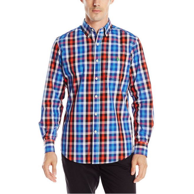 U.S. Polo Assn. Men's Poplin Plaid Shirt, International Blue, Small, Only $11.65, You Save $36.35(76%)