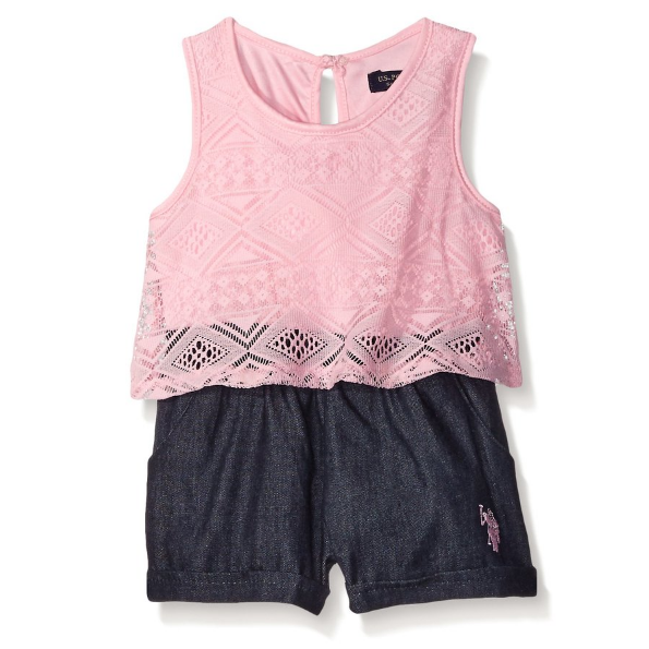 U.S. Polo Assn. Baby Sleeveless Flounce Top and Denim Short Romper, Prism Pink, 6/9 Months, Only $11.99, You Save $22.01(65%)