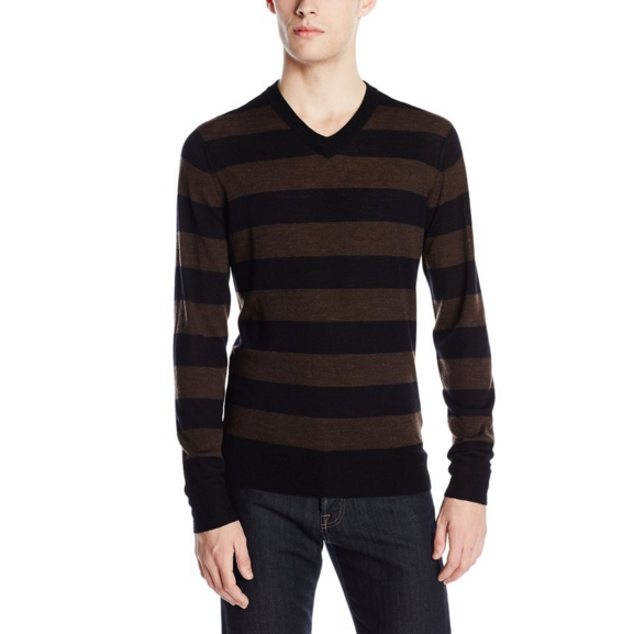 7 For All Mankind Men's Long Sleeve V-Neck Stripe Merino Sweater, Brown/Black, Medium, Only $42.34, You Save $155.66(79%)