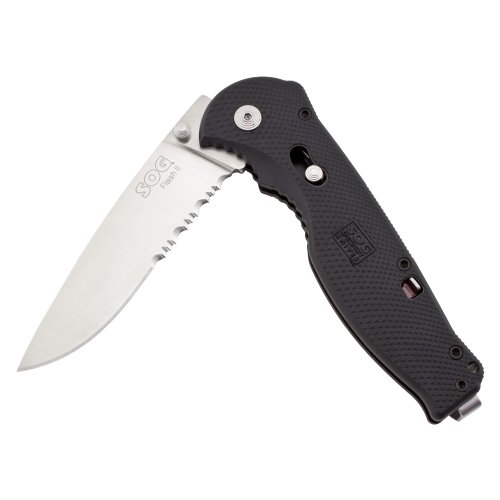 SOG Specialty Knives & Tools FSA98-CP Flash II Knife with Partially Serrated Folding 3.5-Inch Steel Drop Point Blade and GRN Handle, Satin Finish, Only $24.99