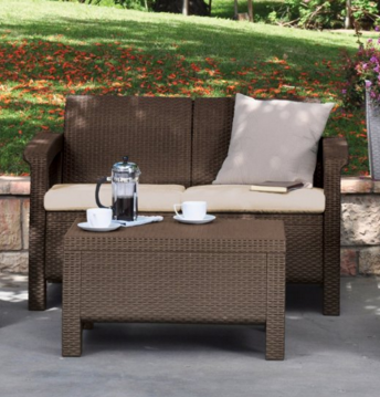Keter Corfu Love Seat All Weather Outdoor Patio Garden Furniture w/ Cushions, Brown, Only $84.78