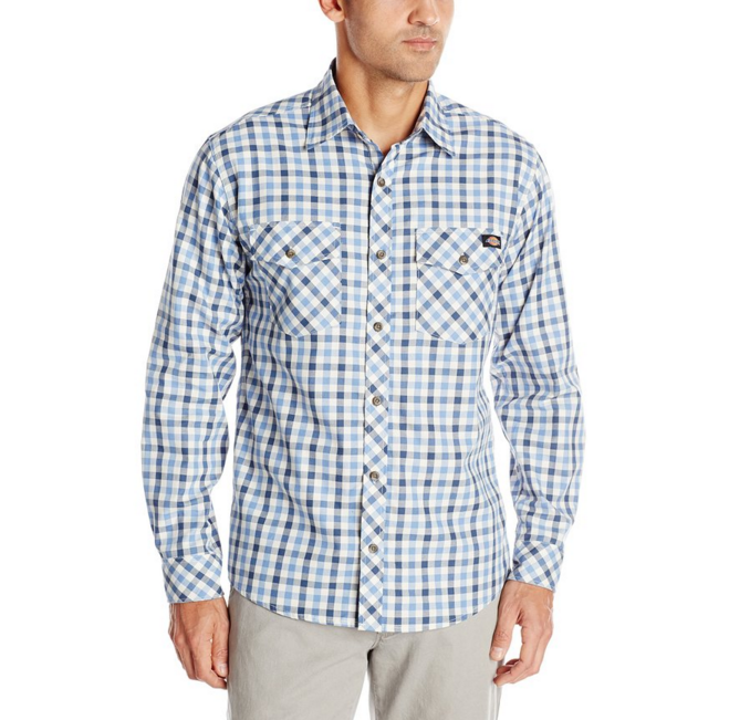 Dickies Men's Long Sleeve Herringbone Plaid Shirt, French Blue, Small, Only $9.67, You Save $25.32(72%)