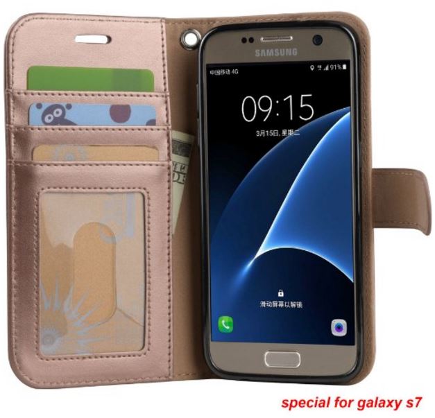 Galaxy s7 Case, Arae [Wrist Strap] Flip Folio [Kickstand Feature] PU leather wallet case with ID&Credit Card Pockets For Samsung Galaxy S7 (rosegold)