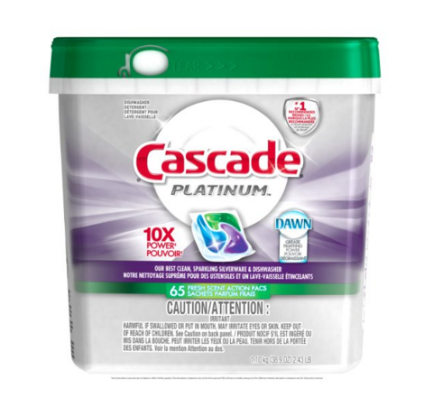 Cascade Platinum ActionPacs 清香型洗碗機用洗滌劑 65件裝, 原價$18.10，點擊coupon后現僅售$11.62,免運費！