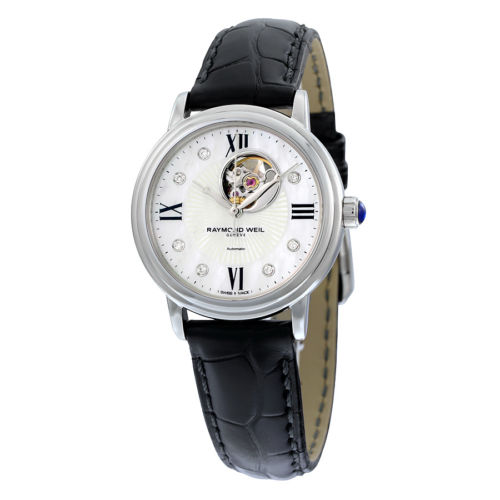 RAYMOND WEIL Maestro Mother of Pearl Diamond Dial Black Leather Ladies Watch Item No. 2627-STC-00994, only $579.00, free shipping after using coupon code