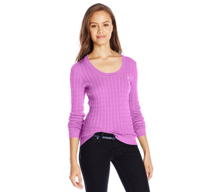 U.S. Polo Assn. Junior's Solid Cable Knit Scoop Neck Pullover, Violet Tulle Combo, Large, Only $5.99, You Save $36.01(86%)