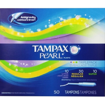 Tampax Pearl Plastic Triple Pack, Light/Regular/Super Absorbency, Unscented Tampons, 50 Count $8.27