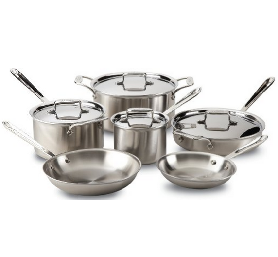 All-Clad BD005710-R D5 Brushed 18/10 Stainless Steel 5-Ply Bonded Dishwasher Safe Cookware Set, 10-Piece, Silver， 	$485.00  & FREE Shipping