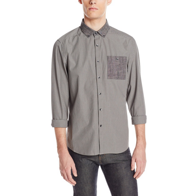 Kenneth Cole REACTION Men's Long Sleeve Mini Check Button Down Shirt with Pocket,   Dark Moss Combo,   Large, Only $18.39, You Save $51.11(74%)