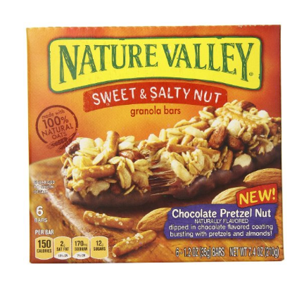 Nature Vally 巧克力椒盐脆饼坚果棒，咸甜口味，1.2 盎司/6个装，现仅售$2.37, 免运费！