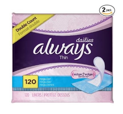 Always Incredibly Thin Regular Daily Liners, wrapped, 120 Count , Pack of 2, Only $10.44, You Save $6.05(36%)