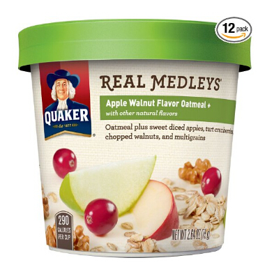 Quaker Real Medleys Oatmeal+ 方便燕麥粥--蘋果核桃仁（12盒）, 現點擊coupon后僅售$13.10
