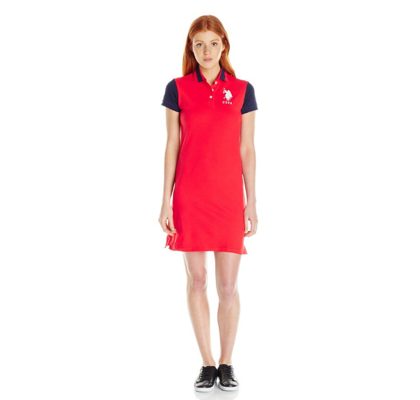 U.S. Polo Assn. Junior's Color Blocked Stretch Pique Polo Dress, Tomato, Small, Only $20.99, You Save (%)
