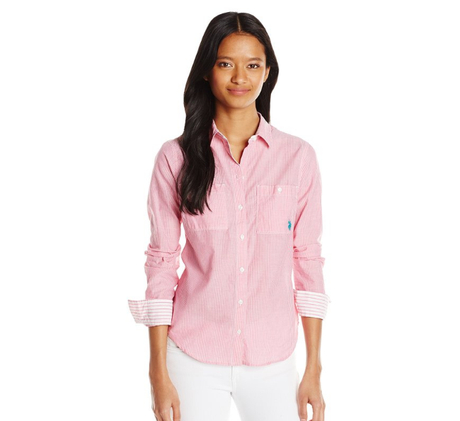 U.S. Polo Assn.. Junior's Multi Stripe Long Sleeve Two Pocket Woven Shirt, Cabaret, Medium, Only $18.99