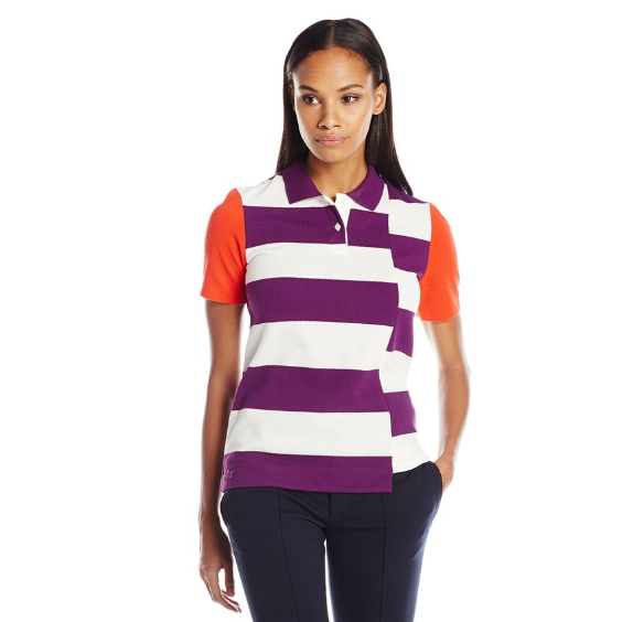 Lacoste Women's Short Sleeve Broken Stripe Heavy Pique Polo Shirt, Boehme Purple/Cliff/Etna Red, 40, Only $36.59