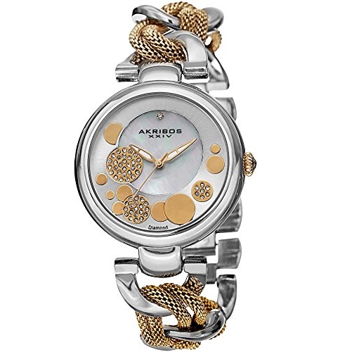 美！Akribos XXIV 阿科波斯AK643TTG 镶钻珍珠母贝金银两色时尚女士腕表，原价$425.00，现仅售$39.99