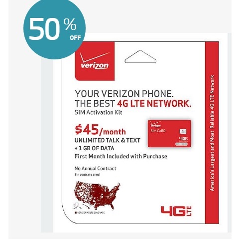 Verizon 4G 电话SIM 卡激活套装，包括一个月服务，原价$49.99，现仅售$ 24.99，免运费