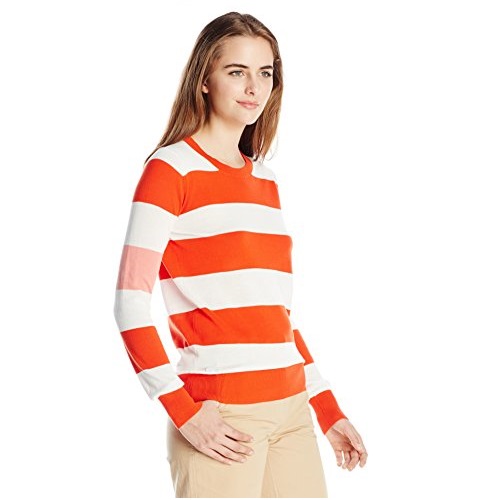 Lacoste Women's Long Sleeve Bold Stripe Cotton Crew Neck Sweater, Etna Red/Cliff/Veil Pink, 36, Only $54.47, free shipping