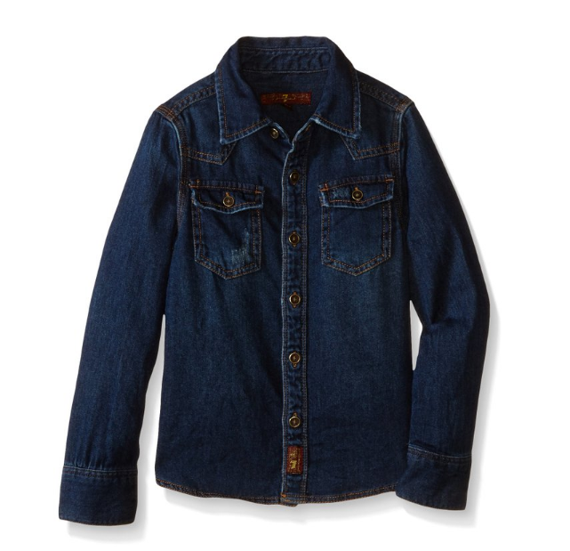 7 For All Mankind Boys' Distressed Denim Long Sleeve Button Down Shirt, Bonzai Blue, 5, Only $20.18