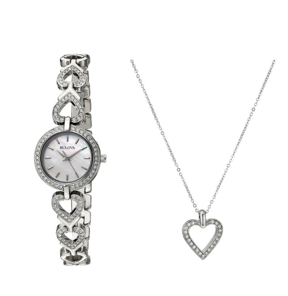 情人节礼物！Bulova 宝路华 96X136 石英腕表+心形项链套装，原价$265.00，现仅售$130.00，免运费！