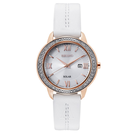 SEIKO精工女款太陽能玫瑰金水晶腕錶 特價僅售$69.99