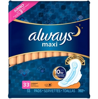 Alaways Maxi 夜用衛生巾，30cm，33片 點coupon后只需$6.49