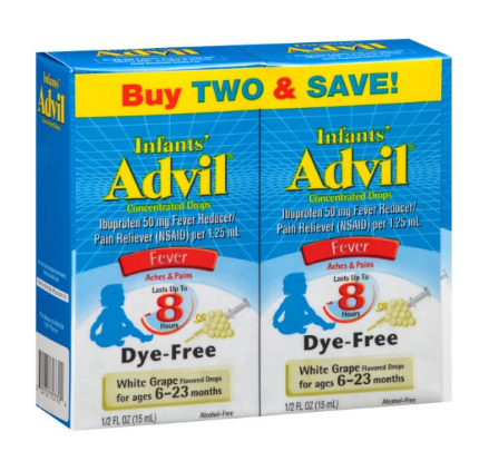 Advil Infants' Fever Reducer/Pain Reliever Dye-Free, 50mg Ibuprofen Concentrated Drops (White Grape Flavor, 0.5 fl. oz. Bottle, Pack of 2)， only$6.11, Free Shipping with S&S