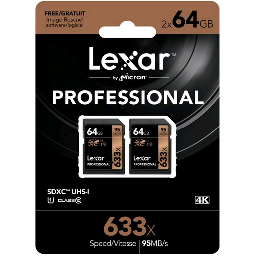 Lexar雷克沙Professional 633x SDHC存储卡（64GB、UHS-I）两只装$24.99
