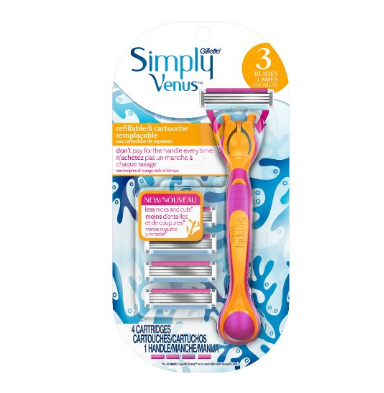 Gillette Simply Venus Refillable 3 Blade Razor with 4 Cartridges Refills - Pivoting Head & Moisture Strip  only $2.49 via clip coupon