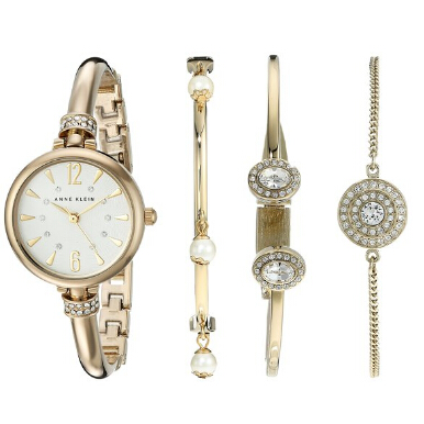 可直郵中國！Anne Klein 女款金色腕錶+手鐲套裝  特價僅售$59.99