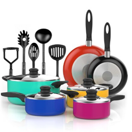 Vremi 15 Piece Nonstick Color Pop Cookware Set; 4 Pots with 4 Lids, 2 Pans and 5 Kitchen Utensils; Cool Touch Handles, Oven Safe, PTFE and PFOA-Free  $43.99
