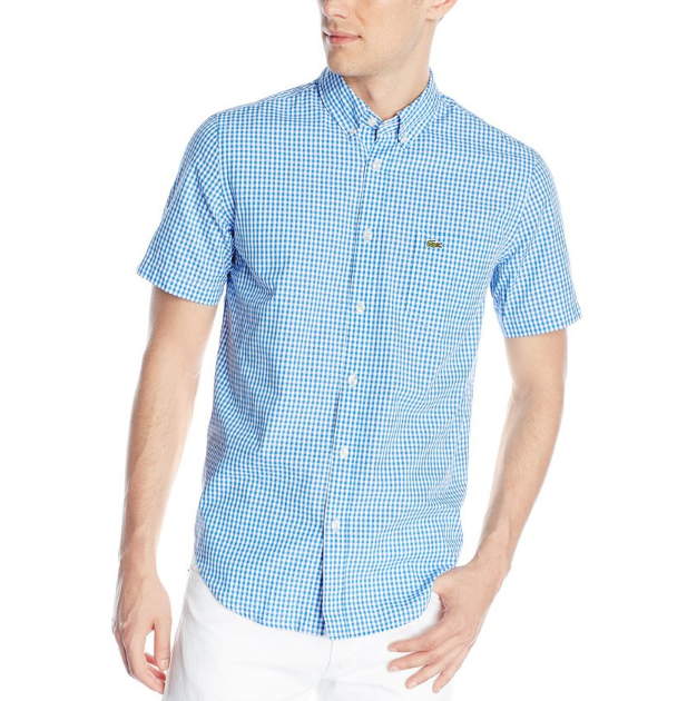 Lacoste Men's Short Sleeve Poplin Gingham Regular Fit Button Down Woven Shirt, Egyptian Blue/White, 40, Only $47.50, You Save $47.50(50%)