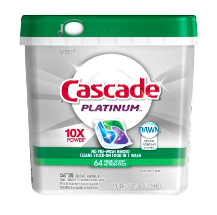prime only ! Cascade Platinum ActionPacs Dishwasher Detergent Fresh Scent 64 Count, Only $10.17 via clip coupon