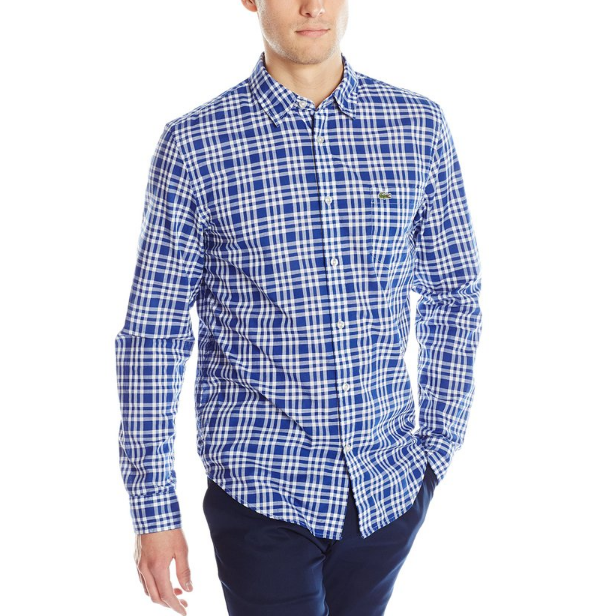 Lacoste Men's Long Sleeve Poplin Check Regular Fit Point Collar Woven Shirt only $49