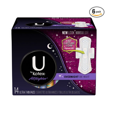 U by Kotex 高洁丝超薄带护翼卫生巾 无香型（夜用型） 14片/盒  6盒装  特价仅售$18.63