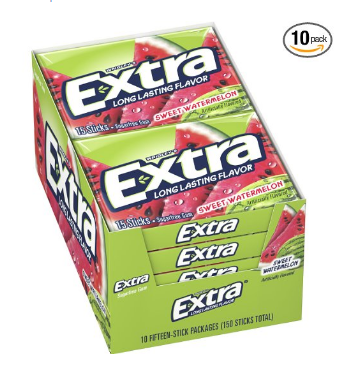 Extra 无糖西瓜味口香糖10包装（每包15片）, 现点击coupon后仅售$6.07, 免运费!
