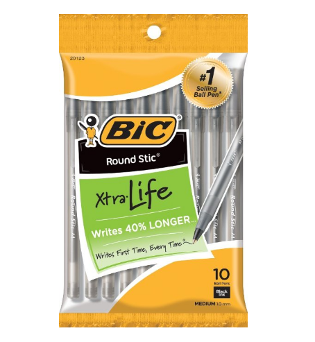 BIC Round Stic Xtra 黑色圆珠笔10支装, 现仅售$0.99，免运费！