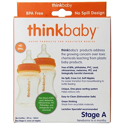 Thinkbaby 2 Pack BPA Free Vented Baby Bottles, 5 Ounce, Natural/Orange, Only $6.38, You Save $3.81(37%)