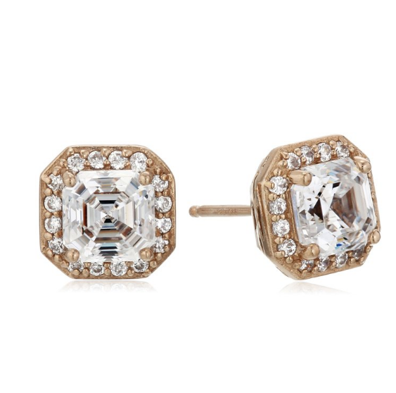 Platinum or Gold-Plated Sterling Silver Swarovski Zirconia Asscher-Cut Halo Earrings (1 cttw) only $10.89