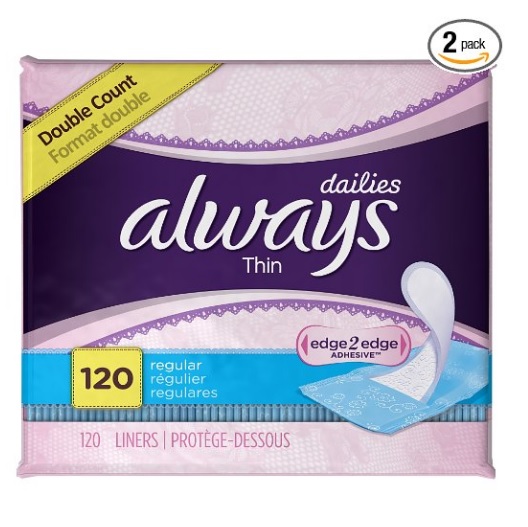 Always Incredibly Thin Regular Daily Liners, wrapped, 120 Count (Pack of 2) , only $8.94